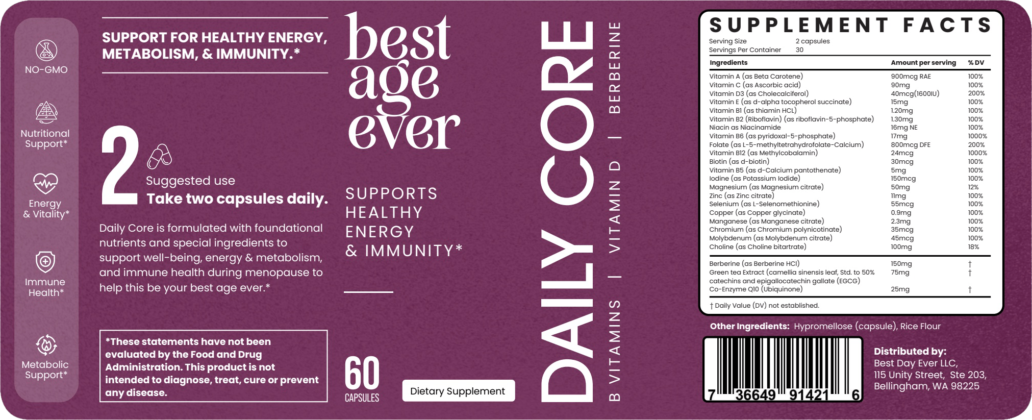 Label for "Daily Core" dietary supplement highlighting support for energy, metabolism, and immunity with detailed ingredient information.